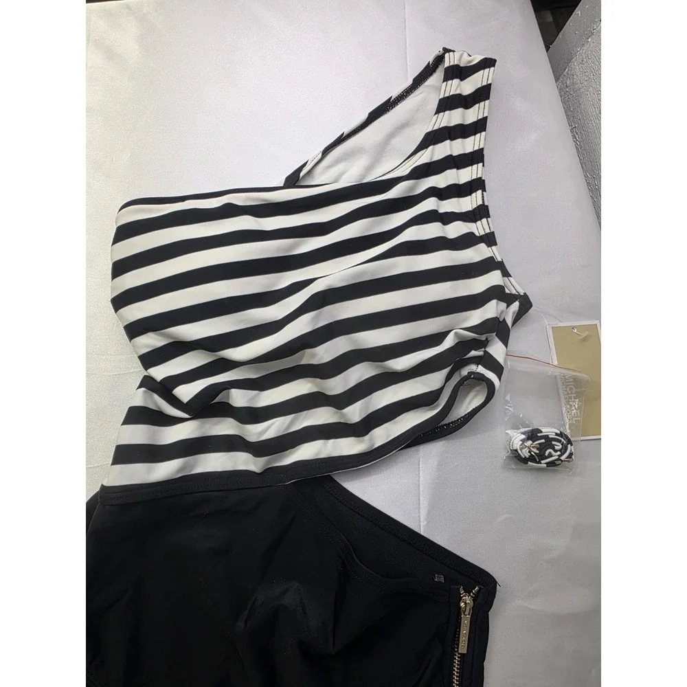 Michael Kors One Piece Swimsuit Cut Out Black‎ White Stripe Zip Size 6 NWT